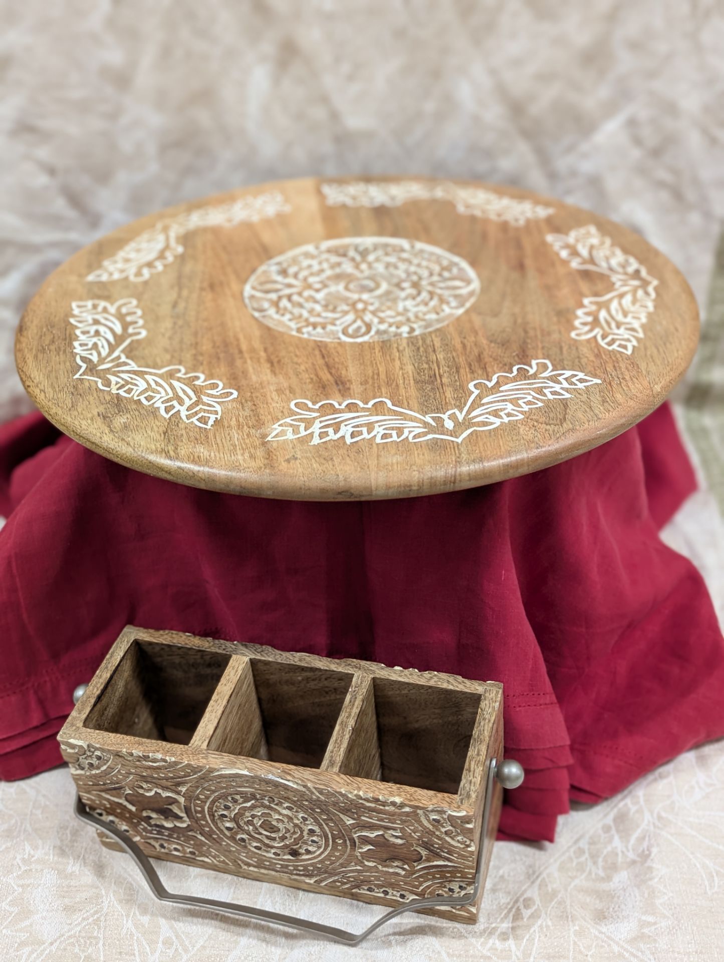 Boho Wooden Lazy Susan Tray + Rustic Organizer Set