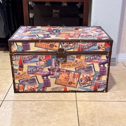Large Coastal Travel Storage Trunk / Decorative Blanket Chest • Nautical Postcard Design