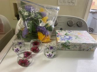 Hand-Painted Floral Glass Votive Holders Set