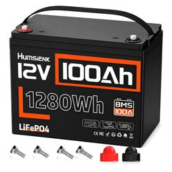 HumsiENK 12.8V 100Ah LiFePO4 Battery Deep Cycles for RV/Off-Grid, Group 24 1280Wh Energy, 100A BMS, IP67, 15000+ Cycles, Low-Temp Cutoff, for Solar Ma