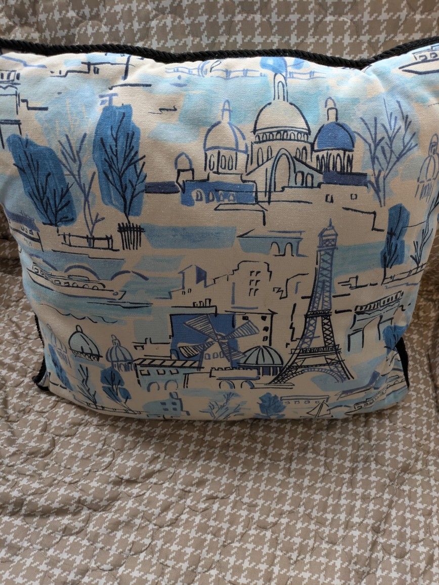Blue Paris Print Decorative Throw Pillow