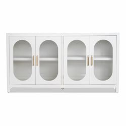 White Fluted Glass 4-Door Cabinet / TV Console – Gold Hardware