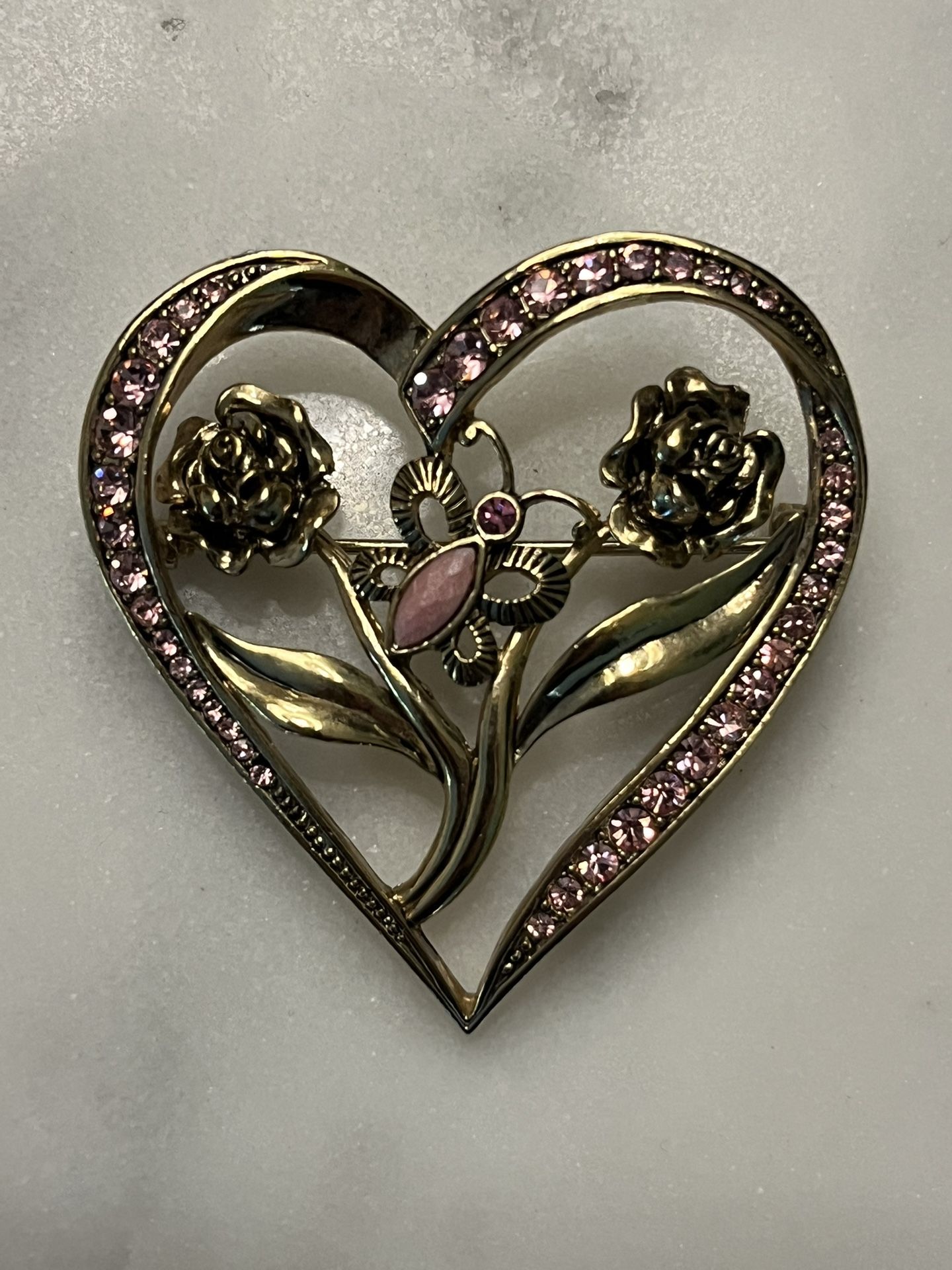 Vintage Pink Heart Rhinestone Brooch Pin