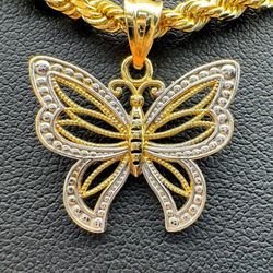 Jewelry 14k solid yellow & white gold two tone butterfly pendant charm
