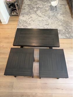 Dark Wood Coffee Table Set with Two Ottomans