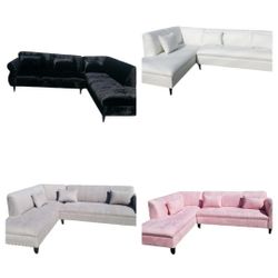  Brand NEW 7X9FT  And 9x7ft SECTIONAL CHAISE.  Velvet BLACK FABRIC  Pink, LIGHT GREY FABRIC And  WHITE LEATHER CHAISE/ More Color  FABRIC Available. 