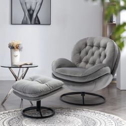 Gray Velvet Papasan / Swivel Accent Chair w/ Ottoman [NEW IN BOX] **Retails For $300+