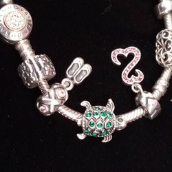 Champagne Diamond Cluster 14k Gold+Sterling Pandora Bracelet W/Multiple Charms