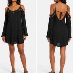 Solemio Whimsigoth Cold Shoulder Tassel Dress M Fairy Grunge Bell Sleeve Mini