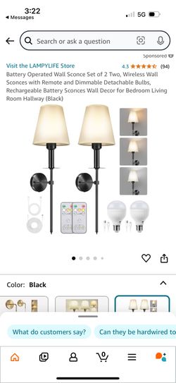 Black Set Of 2 Battery Operated Wall Sconce