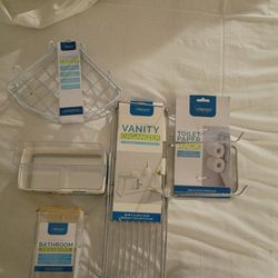 INTERIORS TWO CANISTERS STORAGE BINS +Vanity organizer,toilet paper rack,Corner caddy,+ metal vanity organizer Shower curtain and Shower Mat