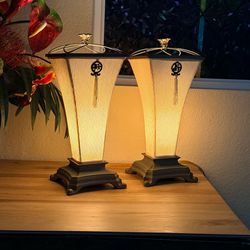 Vintage Pair Asian Style Accent Table Lamps Pleated Shades Pewter Finish Tassels