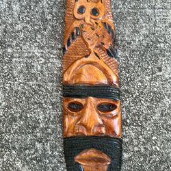 Wood Hand Carved Tribal Face Owl Bird Wall Art