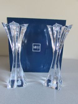 Mikasa Crystal Candlestick Holders 10" Pair Florale Lead Crystal