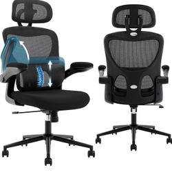 Mesh Office Chair, Ergonomic Desk Chair with with Adjustable Lumbar Support, Flip-up Armrest, Headrest, Swivel Rolling Wheel, High Back Desk Chair and