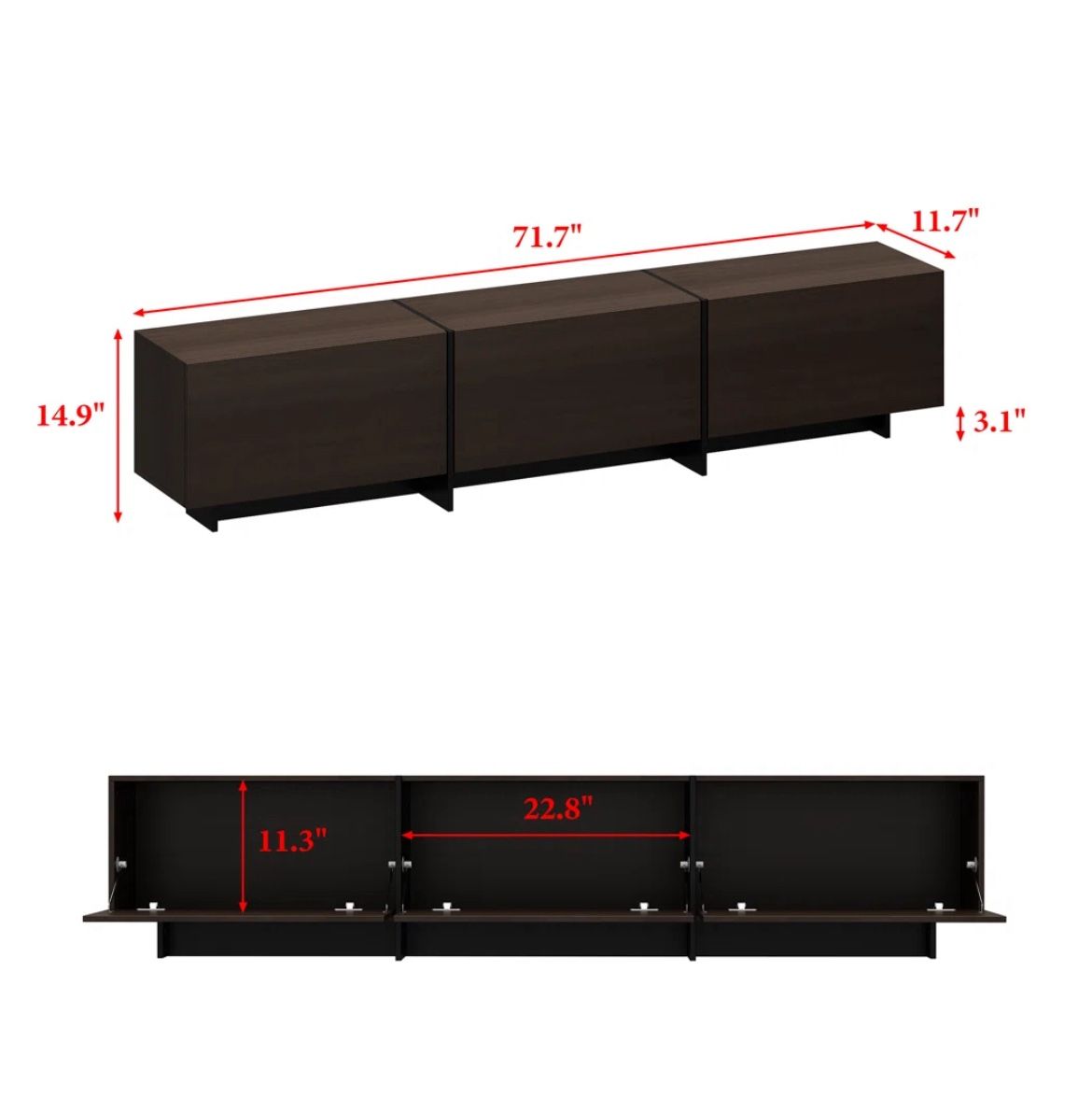 Modern Minimalist TV Stand With Hidden Storage And Soft-Close Hinges, 71.7 Inches, Dark Walnut