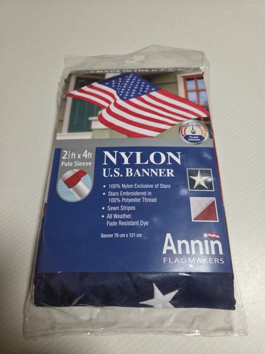 American USA Banner Flag Nylon 2.5’ x 4' Pole Sleeve Embroidered Stars All Weath