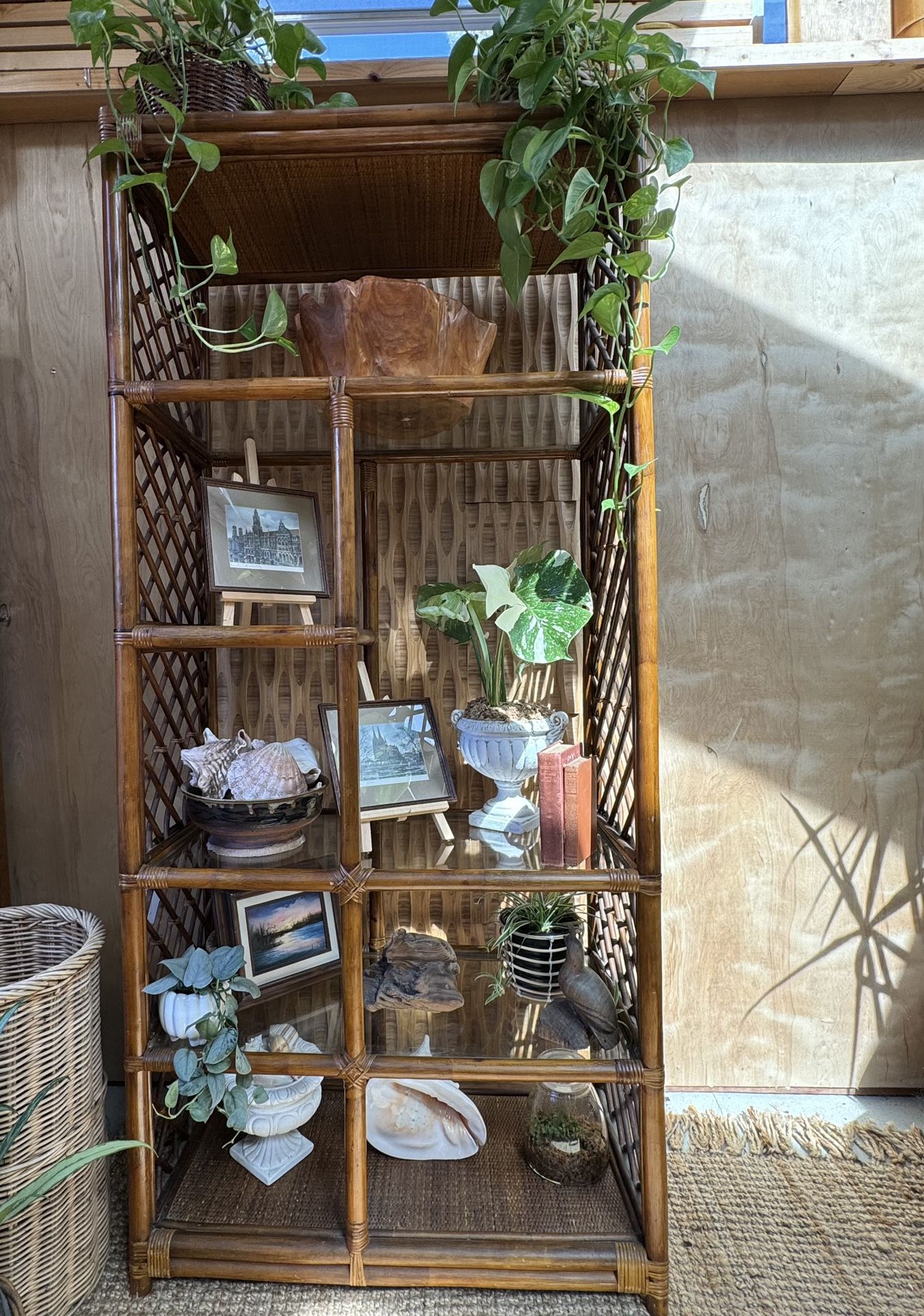 Vintage Rattan Bamboo Bentwood Glass Dark Brown 5 Tier Plant Stand Book Case Shelf Boho MCM Woven
