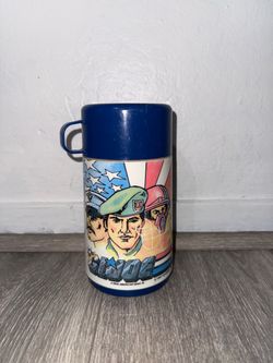 1987 Aladdin GI Joe Plastic Thermos w/ Blue Cup Lid, Military Airplane Graphic