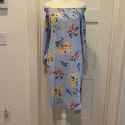Neiman Marcus Striped/Floral Off-Shoulder Dress