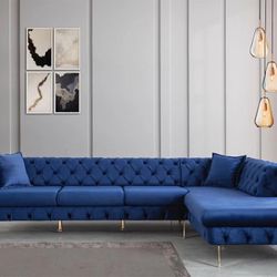 Lucca Velvet Blue RAF Chaise Sectional / couch /Living room set