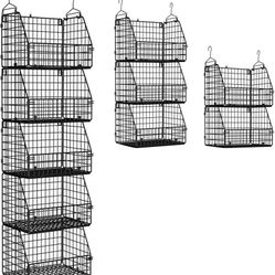 Stackable Wire Storage Baskets for Kitchen Closet Pantry, Hanging Closet Organizers Storage Shelves Organization, Wall Mount Metal Basket Bins, Clothi