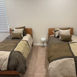 Pair of Twin Wooden Bed Frames with Nightstands & Mattresses