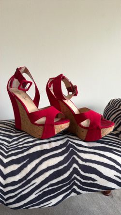 **Red Suede Wedge Sandals**