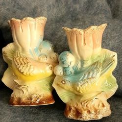Pair Of Vintage Candle Holders - Ceramic Made In Japan  Birds And Flowers 
