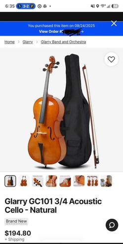 Glarry Acoustic Cello Size 3/4 Plus Extras