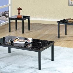 Hopkins Faux Marble Top Black Base Living Room Coffee End Table Set 3pc