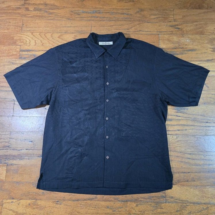 Tommy Bahama 100% Silk Shirt Men’s XL Black Monstera Leaf Jacquard Camp Button-Up Island Luxury