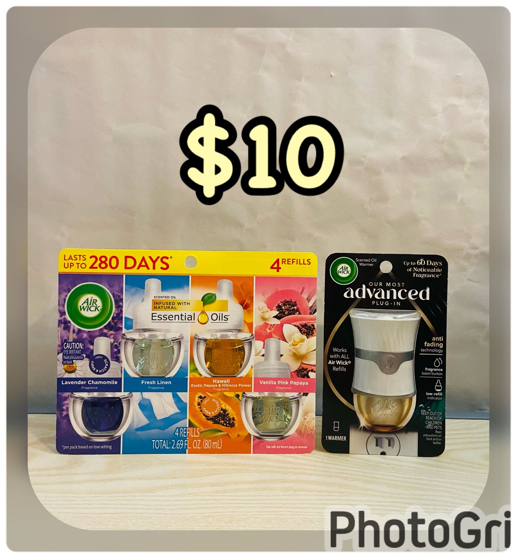 Airwick Essential oils (4 refills) & scented oil warmer, $10 for both.