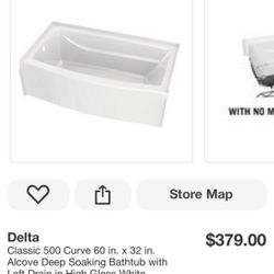 Delta Classic 500 Curve 60 in. x 32 in. Alcove Deep Soaking Bathtub with Left Drain in High Gloss Wh