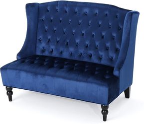 New Velvet Fabric Loveseat, Navy Blue / Dark Brown