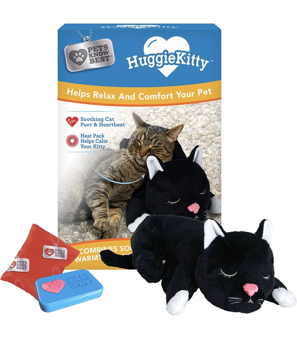Pets Know Best HuggieKitty Cuddly Cat Toy, Soothing Sound & Warmth Help Relax & Comfort Your Pet- Purr & Heartbeat, Heating Pack- Black & White