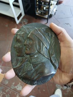 Antique Dante and Beatrice Bronzed Pewter Wall Plaque