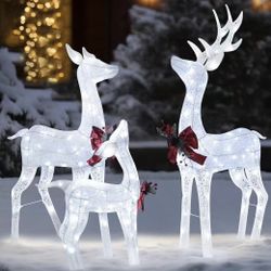 ✌️ 4.5FT Lighted Reindeer Family Set for Christmas Decoration, 3 Pieces Pre-Lit Iridescent Deer Xmas Decor with 200 LED Lights, 3D Glittered Standing 