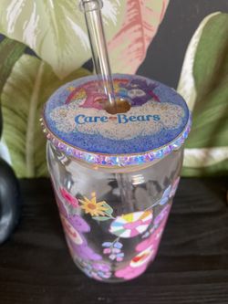 Care Bear Custom Glass Can Cup With Custom Bling Lid