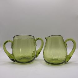  Mid-Century Modern Hand-Blown Green Glass Creamer & Sugar Set (Circa 1960) ✨Read Details Below✨