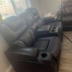 Used Black Sofa Power Recline Console Loveseat with LED Lights