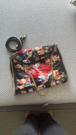 Black Rose Print Purse W/ Short And Long Strap