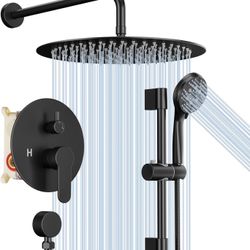 12 Inch Matte Black Shower System, Wall Mounted High Pressure Shower Head with Rainfull 8-Spray Handheld Sprayer, Bathroom Black Shower Faucet Set wit