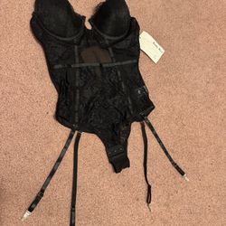 New large black lace bodysuit lingerie garter bra goth gothic stretchy