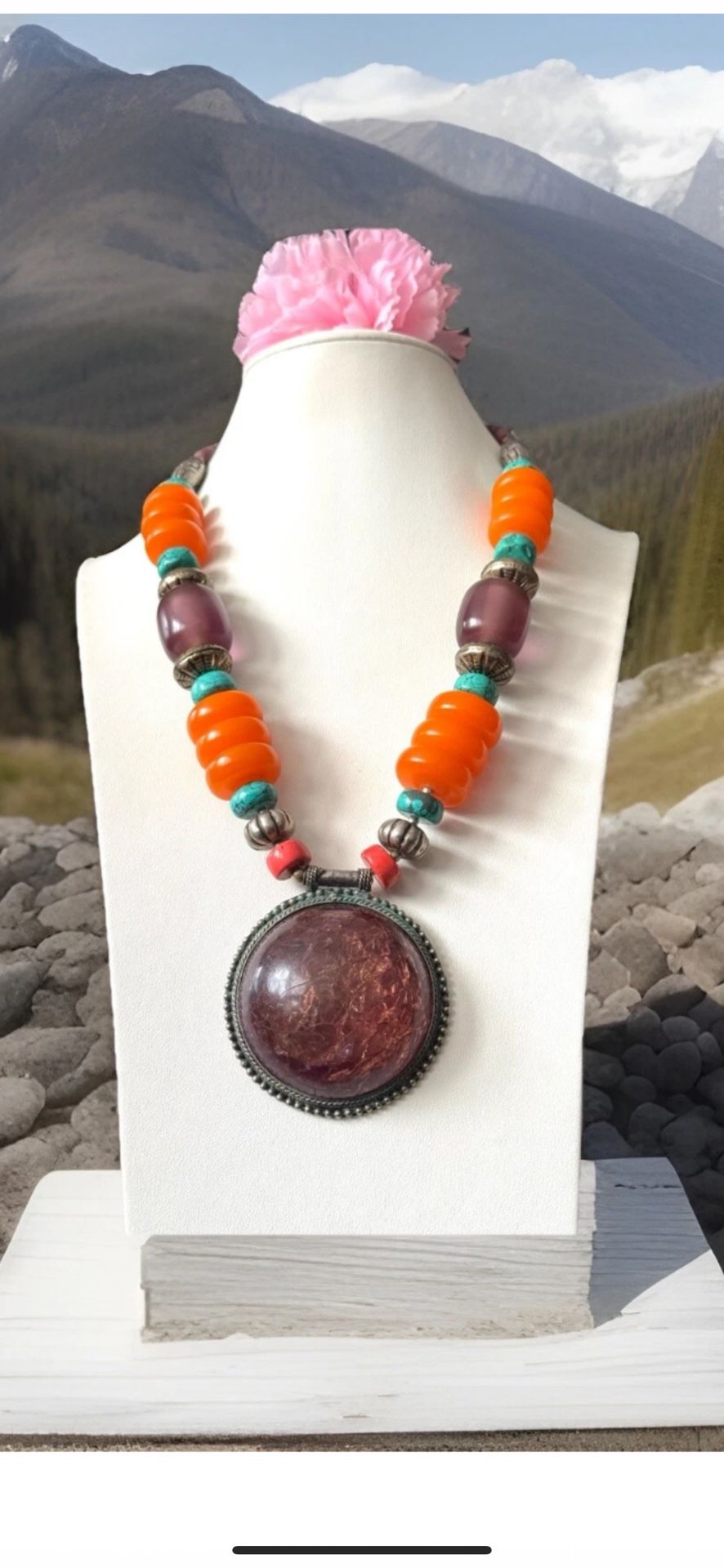 Vintage & Handmade Indo/Tibet Ethnic Tribal Style Amber Resin With Stones & Silver Beads Pendant Necklace 23βin & 160grams