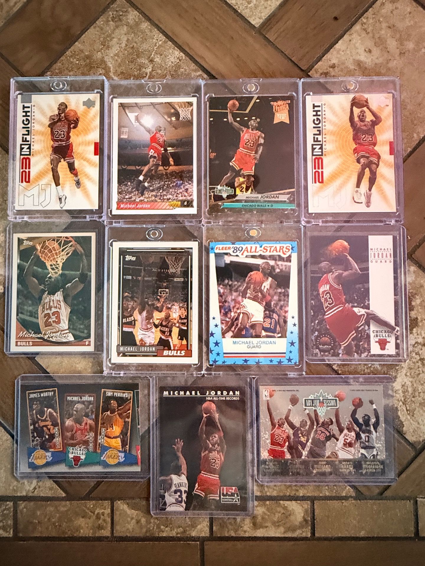 MICHAEL JORDAN LOT: (11-Cards!!! “89”-Fleer, Hoop’s Upper Deck (2)-In-Flight, Skybox-Point Men, Topp’s, Fleer Ultra, Skybox!!! Most Stored in Magneti