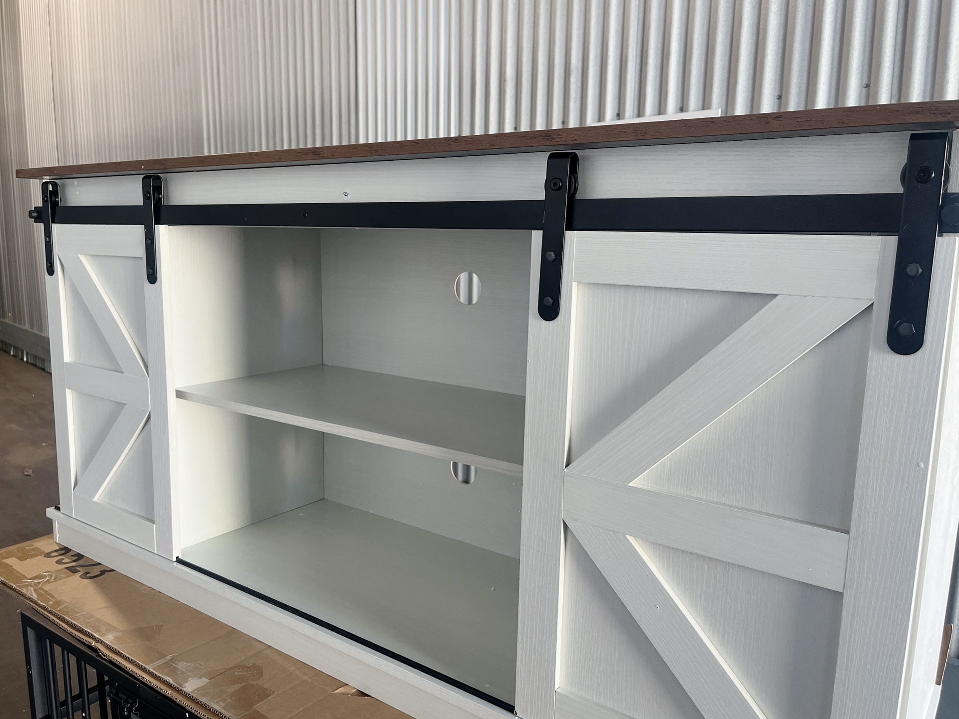 New TV Stand Sliding Barn Door Farmhouse, Storage Cabinet Table Living Room with Adjustable Shelves for TVs Up to 65" white New in box T TS101WM 【Sli