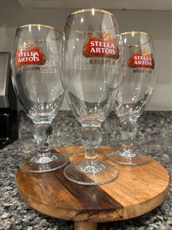 Set of 3 Stella Artois Belgium Gold Rim Chalice Beer Glasses Stemmed Barware 33cl