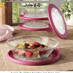 Princess House. Set De 4 Platos Hondos Con Tapa Roja Nuevos En Caja 