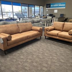 Modern Camel Faux Leather Sofa Set 